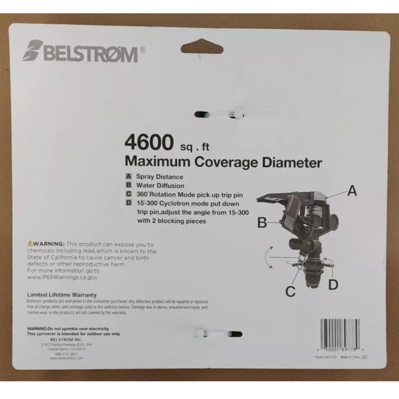 Belstrom Plastic Impulse Adjust Sprinkler Head 4600 sq ft Diameter 360° Rotation - Picture 3 of 6